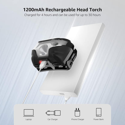 Lepro Head Torch Rechargeable, Super Bright LED Headlamp Waterproof with Red Warning Lights 5 Lighting Modes 30 Hours Runtime Lightweight Headlight Flashlight for Cycling Running Camping