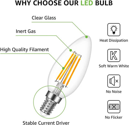 Lepro E14 LED Light Bulb, LED Candle Bulbs Small Screw, 4W 470lm, 40W Equivalent SES E14 Bulb Vintage, Warm White 2700K C35 LED Bulbs, 360° Beam Angle, Clear Filament, Non Dimmable, Pack of 6