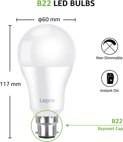 Lepro Bayonet Light Bulbs 100W Equivalent, Cool White 6500K, 13W 1520lm Super Bright LED Bayonet Bulb, Daylight B22 LED Bulbs, BC GLS Energy Saving Lightbulbs Bayonet, Non-dimmable, Pack of 12