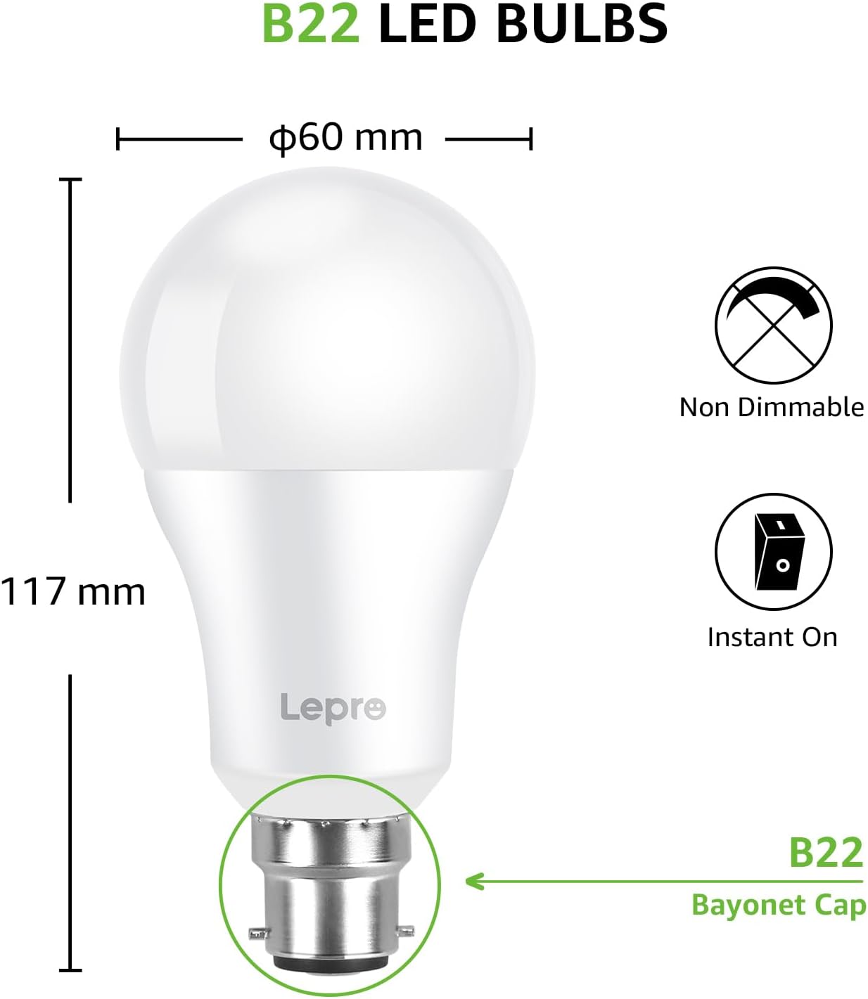 Lepro Bayonet Light Bulbs 100W Equivalent, Cool White 6500K, 13W 1520lm Super Bright Daylight B22 LED Bulbs, BC GLS Energy Saving, Non-dimmable, Pack of 6
