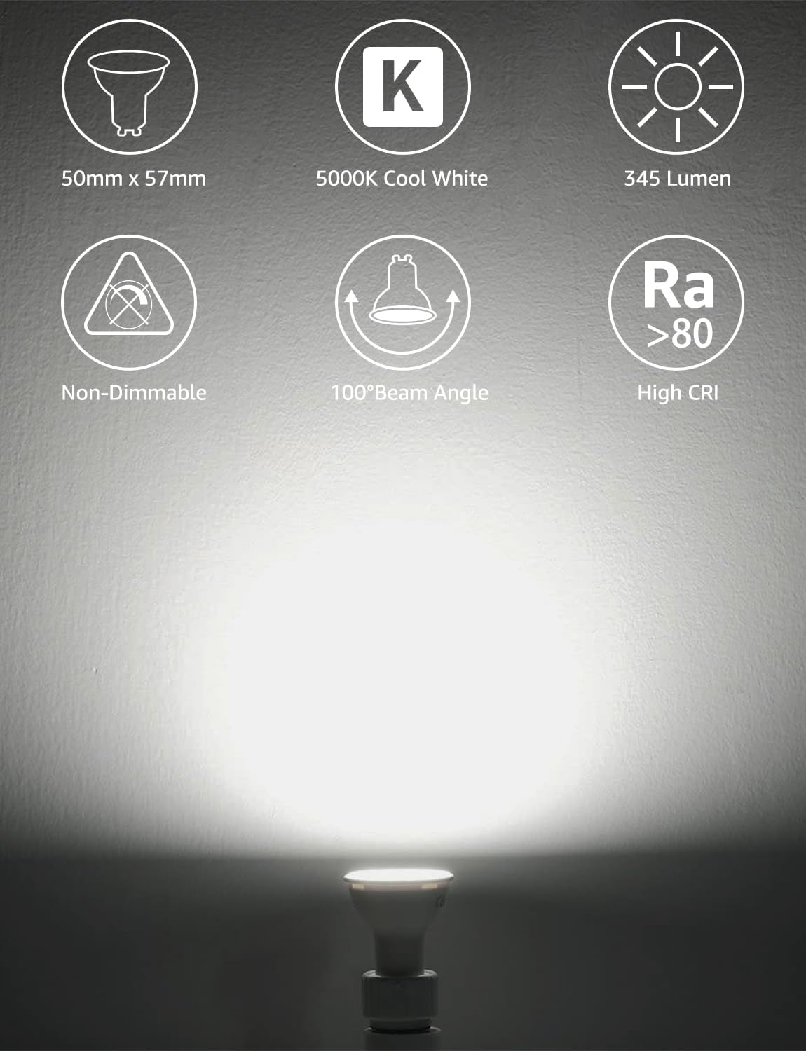 Lepro GU10 LED Bulbs, Cool White 5000K, 4W 345lm Energy Saving Light Bulbs, 50W Halogen Spotlight Equivalent, 100° Beam Angle, Daylight White, AC 220V-240V, Non-dimmable, Pack of 5