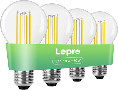 Lepro E27 Vintage Light Bulbs, Ultra Efficient A-Rated GLS Bulb, 3.8W = 60W, 806lm, 2700K Warm White, 50000H Lifespan, Clear Filament, Glass, Non-dimmable, Pack of 4