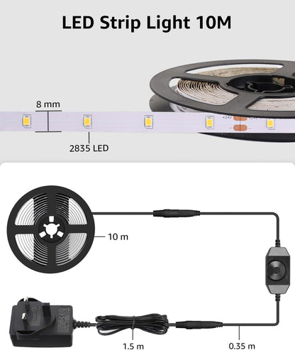 Lepro White LED Strip Light 10M, 2000lm Dimmable LED Lights, 24V UK Plug LED Strip with Dimmer Switch, 6000K Cool White Strip Lights for Kitchen, Cabinet, Wardrobe, Conservatory, Garage (1 Roll)
