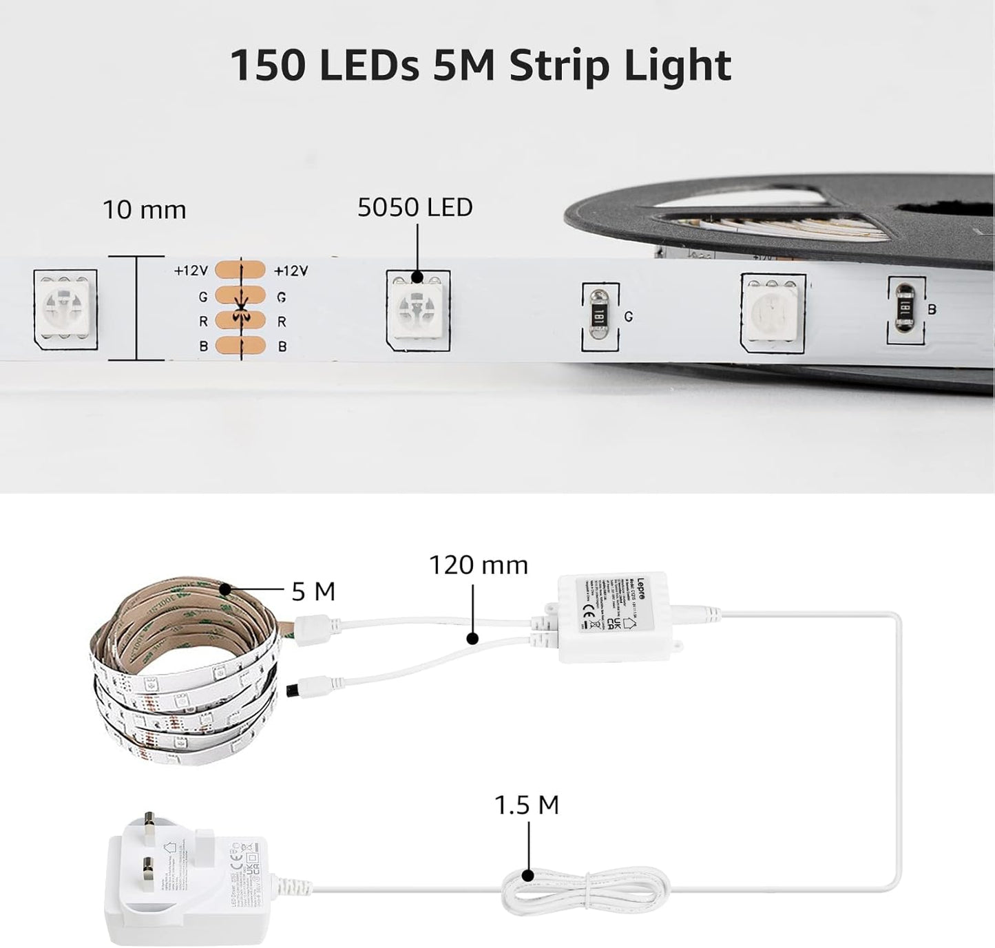 Lepro LED Strip Light 5M, Dimmable RGB LED Strips with Remote, Colour Changing Room Lights, Plug in LED Lights for Bedroom, Living Room, TV, Kitchen, Kids Room (5M, 150 Bright 5050 LEDs)