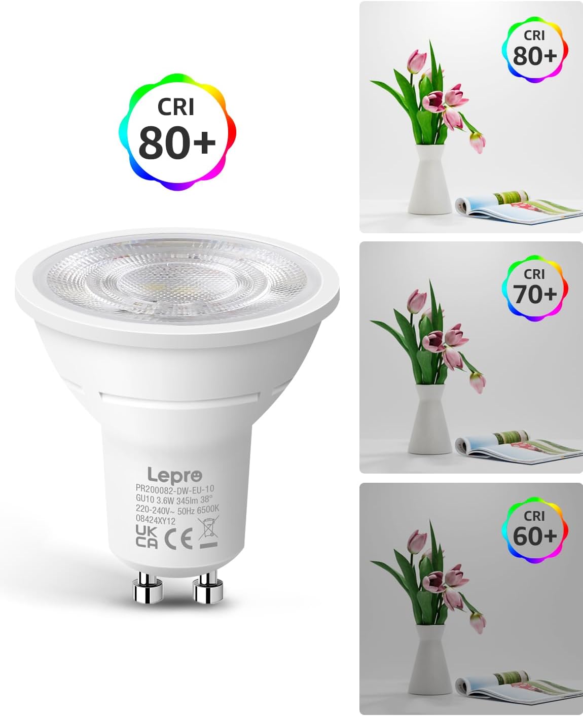 Lepro GU10 LED Spotlight Bulbs 3.6W, Cool White 6500K, 345lm, 50W Halogen Spot Light Bulbs Equivalent, Energy Saving GU10 Daylight Bulbs, No Flickering, Non-dimmable, Pack of 10