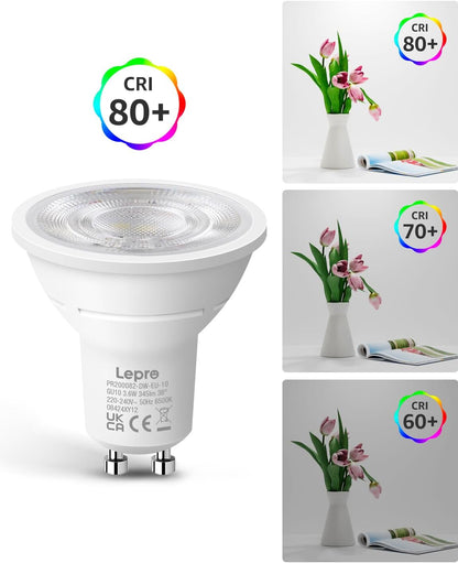 Lepro GU10 LED Spotlight Bulbs 3.6W, Cool White 6500K, 345lm, 50W Halogen Spot Light Bulbs Equivalent, Energy Saving GU10 Daylight Bulbs, No Flickering, Non-dimmable, Pack of 10