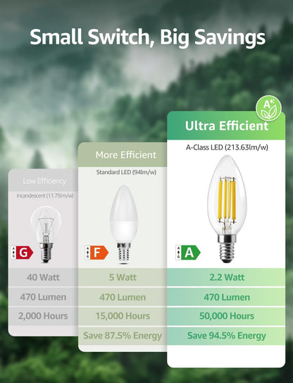 Lepro E14 LED Candle Bulb, Ultra Efficient A-Rated, 2.2W = 40W, 470lm, Warm White 2700K, 50000H Lifespan, SES Small Edison Screw, Clear Glass Vintage Filament Bulb, Pack of 2