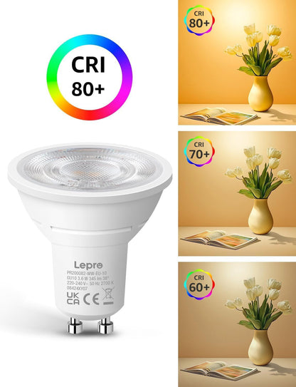 Lepro GU10 LED Bulbs, Warm White 2700K, 4W 345lm Energy Saving Light Bulbs, 50W GU10 Halogen Spotlight Bulbs Equivalent, 38° Narrow Beam, No Flickering, Non-dimmable, Pack of 10