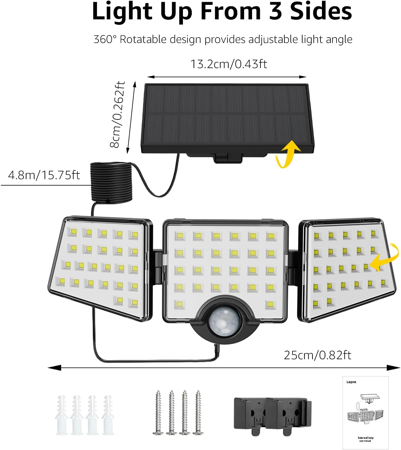 Lepro Solar Security Lights Outdoor Motion Sensor, 1200LM Solar Flood Lights with Separate Solar Panel, IP65 Waterproof, Adjustable 3Heads, Solar Pir Wall Lights for Yard Garage Pathway