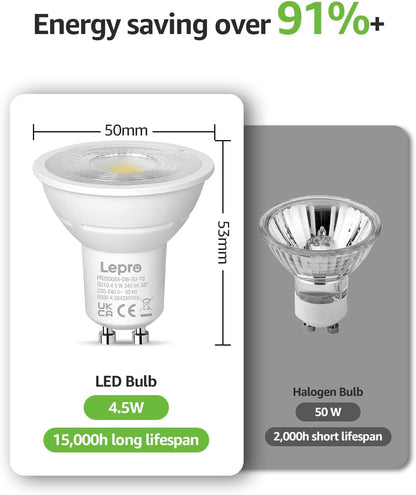 Lepro GU10 LED Bulbs Dimmable, Cool White 6500K, 4.5W 345lm, 50W Halogen Spotlight Bulb Equivalent, 38° Narrow Beam, Daylight White, Energy Saving GU10 LED Light Bulbs, Pack of 10