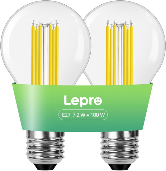 Lepro E27 Screw Bulb Vintage, Ultra Efficient A-Rated GLS Bulb, 7.2W = 100W, 1521lm, 2700K Warm White, 50000H Lifespan, Clear Filament, Glass, Non-dimmable, Pack of 2