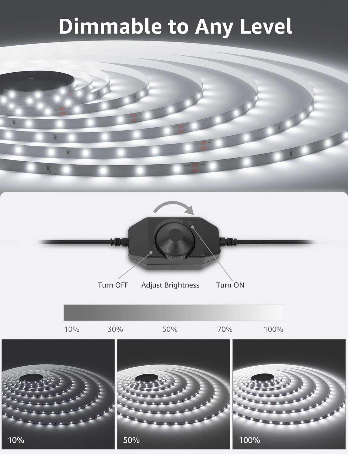 Lepro White LED Strip Light 10M, 2000lm Dimmable LED Lights, 24V UK Plug LED Strip with Dimmer Switch, 6000K Cool White Strip Lights for Kitchen, Cabinet, Wardrobe, Conservatory, Garage (1 Roll)