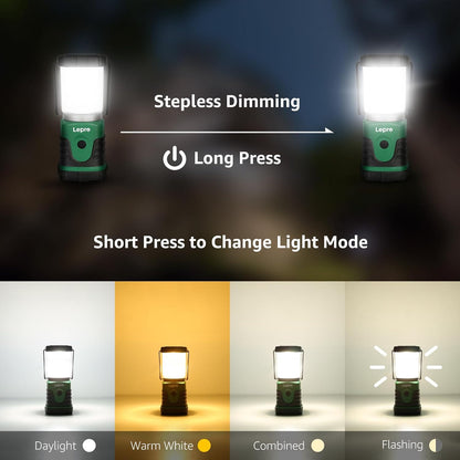 Lepro Camping Lantern Battery Powered, Portable Small Camping Tent Lights AA Battery Operated, Dimmable Warm White to Daylight Modes, Battery Lanterns for Indoors, Power Cuts, Emergency, Pack of 2