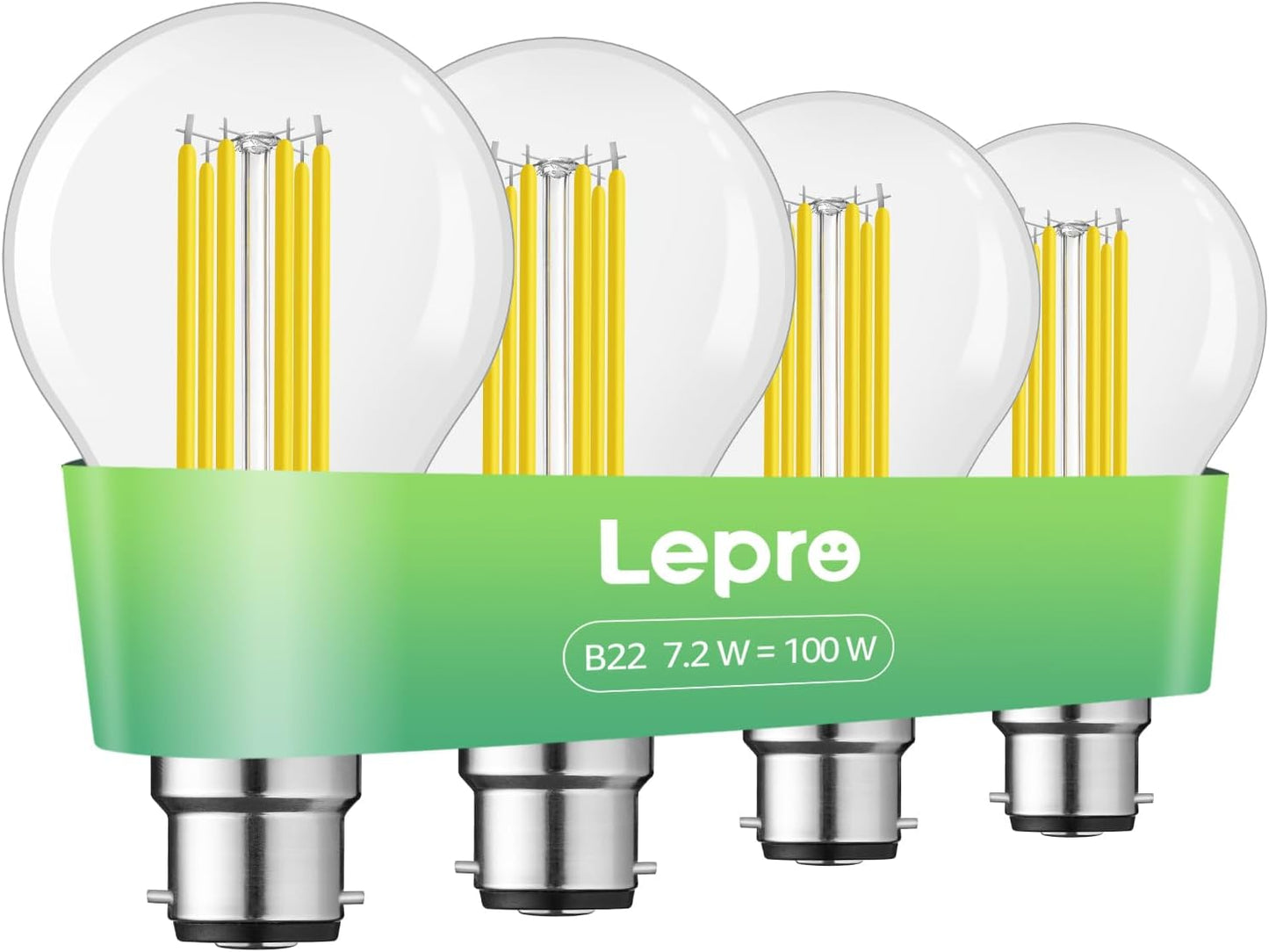 Lepro LED Light Bulbs Bayonet, Ultra Efficient A-Rated B22 Bulb, 7.2W = 100W, 1521lm, 2700K Warm White, 50000H Lifespan, Clear Filament, Glass,Non-dimmable, Pack of 4