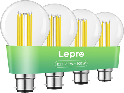 Lepro LED Light Bulbs Bayonet, Ultra Efficient A-Rated B22 Bulb, 7.2W = 100W, 1521lm, 2700K Warm White, 50000H Lifespan, Clear Filament, Glass,Non-dimmable, Pack of 4