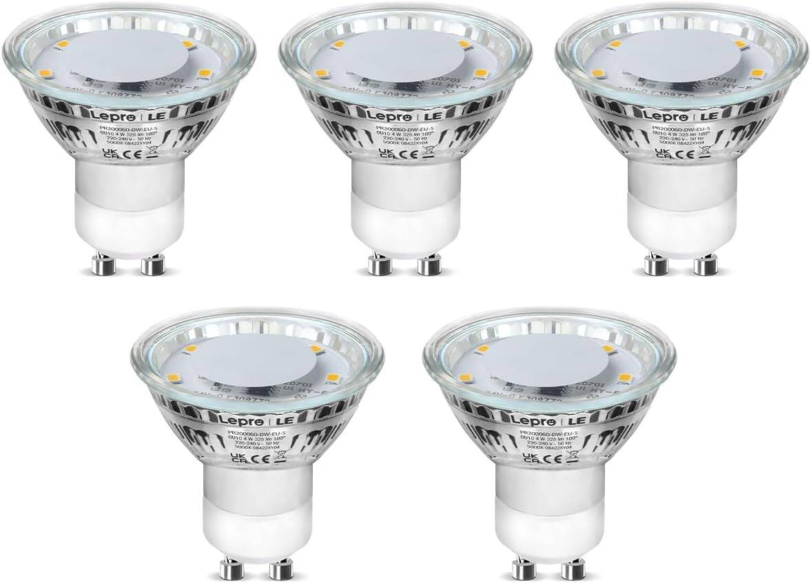 Lepro GU10 LED Bulbs Cool White 5000K, 50W Halogen Spotlight Equivalent, 4W 325lm Energy Saving GU10 LED Light Bulbs, 100° Wide Beam, Non-dimmable, Pack of 5