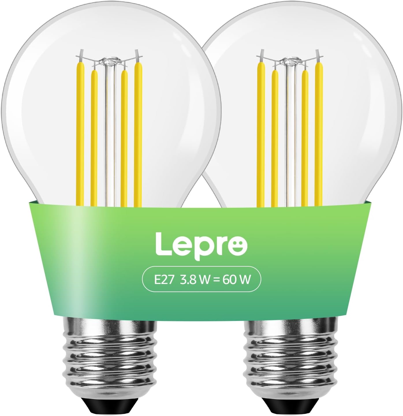 Lepro E27 Vintage Light Bulbs, Ultra Efficient A-Rated GLS Bulb, 3.8W = 60W, 806lm, 2700K Warm White, 50000H Lifespan, Clear Filament, Glass, Non-dimmable, Pack of 2
