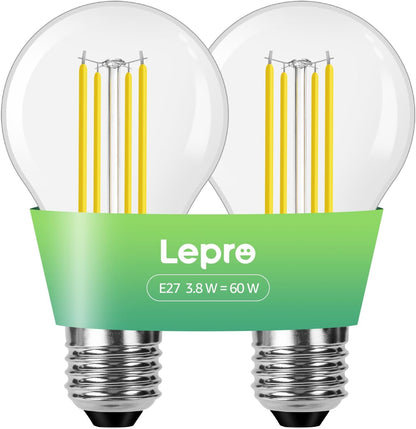 Lepro E27 Vintage Light Bulbs, Ultra Efficient A-Rated GLS Bulb, 3.8W = 60W, 806lm, 2700K Warm White, 50000H Lifespan, Clear Filament, Glass, Non-dimmable, Pack of 2