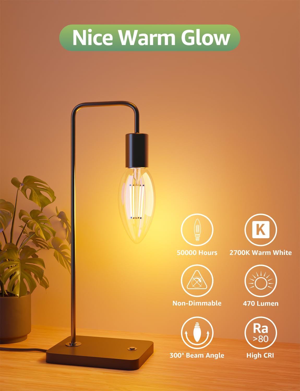 Lepro E14 LED Candle Bulb, Ultra Efficient A-Rated, 2.2W = 40W, 470lm, Warm White 2700K, 50000H Lifespan, SES Small Edison Screw, Clear Glass Vintage Filament Bulb, Pack of 4