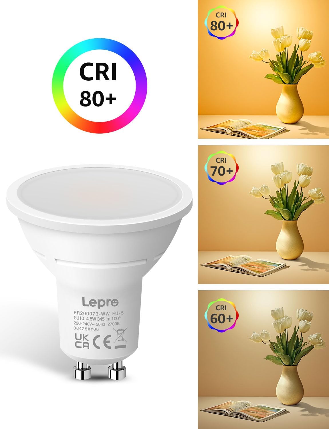 Lepro GU10 LED Bulbs Warm White, 4W 345lm 2700K, Energy Saving GU10 LED Light Bulbs, 50W Halogen Spotlight Equivalent, 100° Beam Angle, Non Dimmable, Pack of 5