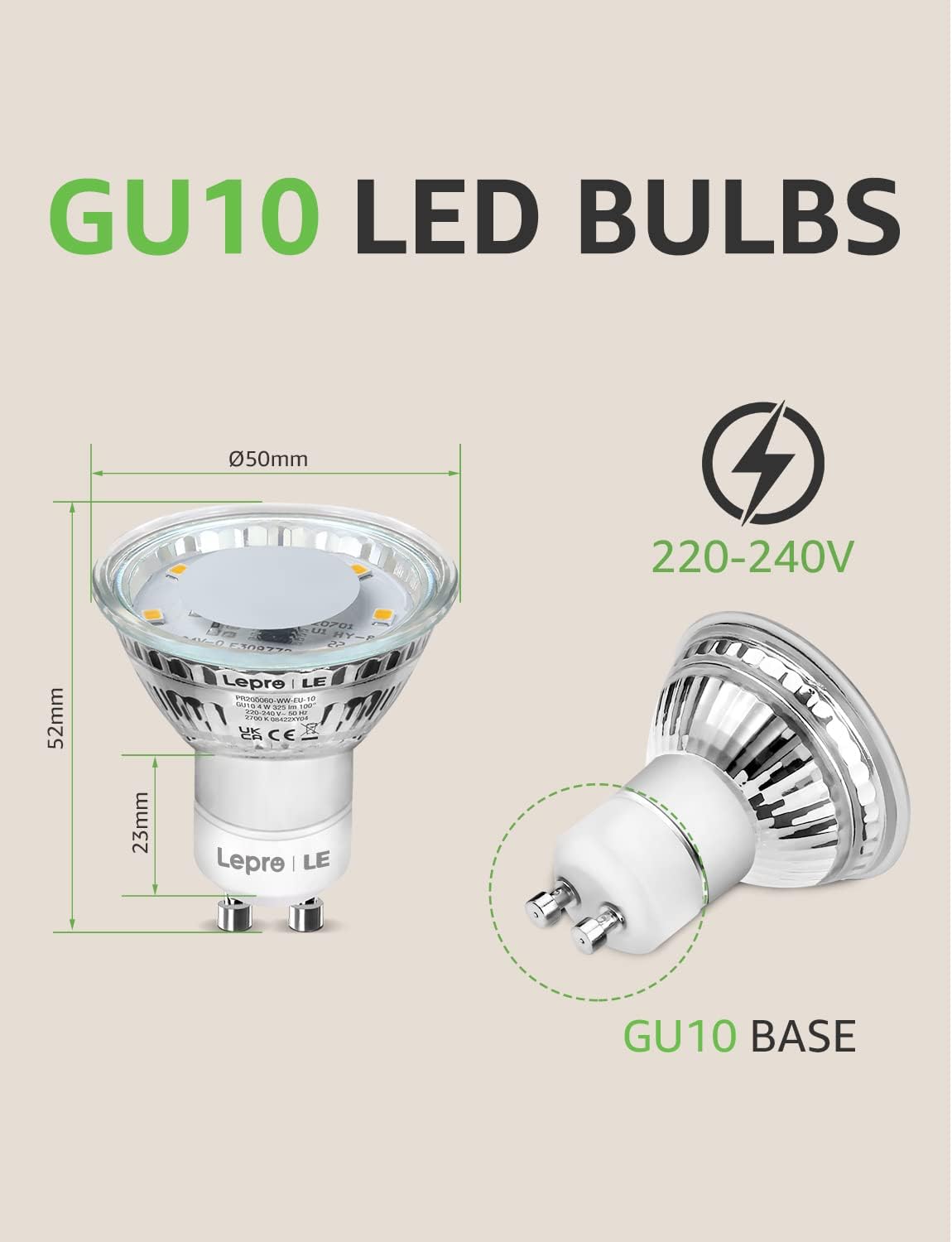 Lepro GU10 LED Bulbs, Warm White 2700K, 4W 325lm, 50W Halogen Spotlight Equivalent, Energy Saving GU10 LED Light Bulbs, 100° Wide Beam, Non-dimmable, Pack of 10