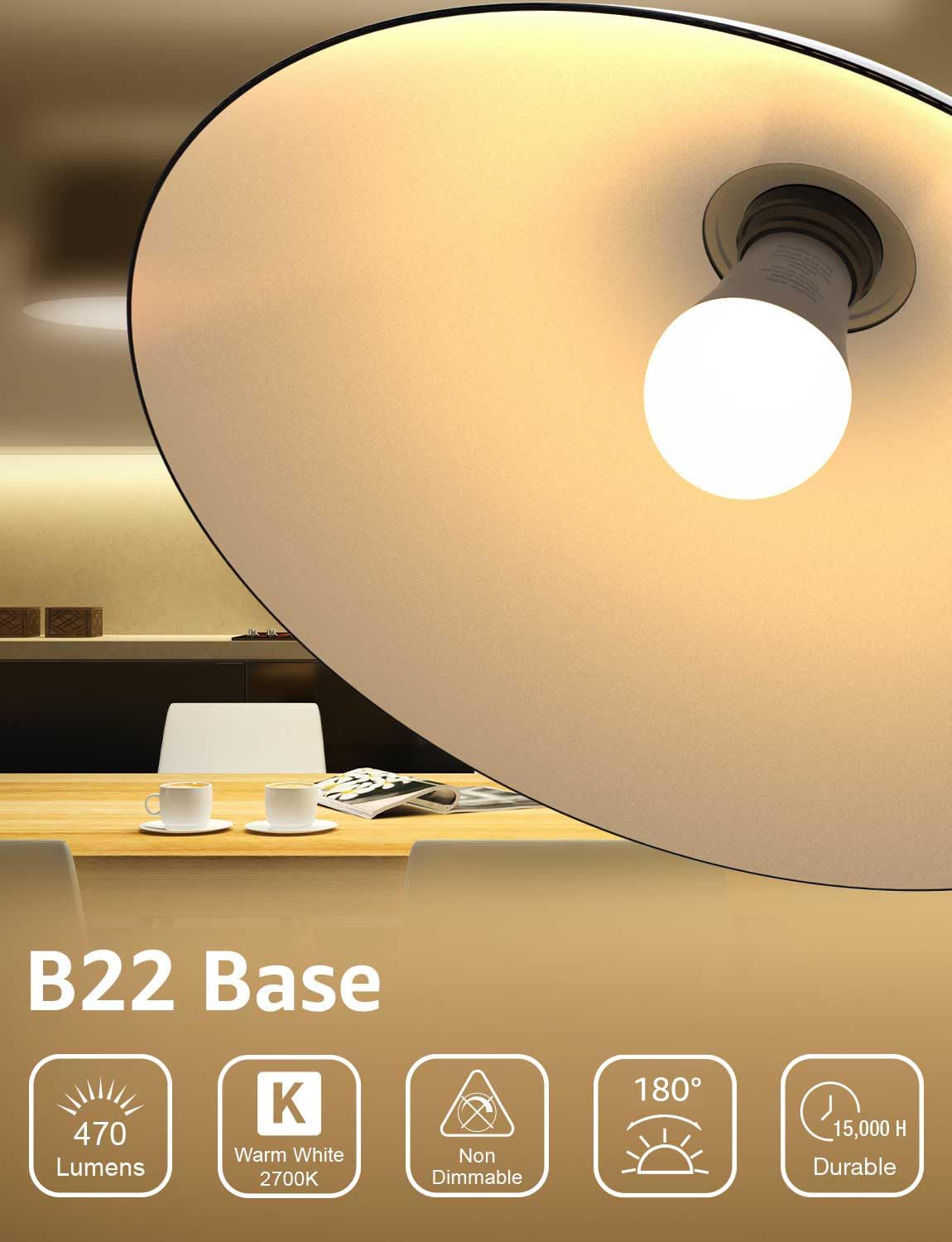 Lepro Bayonet Light Bulbs, 40W Equivalent, Warm White 2700K, 4.9W 470lm B22 LED Bulb, G45 Golf Ball Energy Saving Lightbulbs, 180° Wide Beam, Non-dimmable, Pack of 6