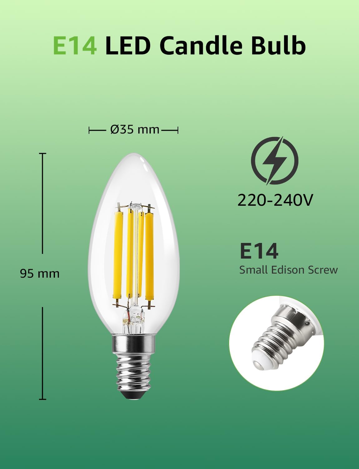 Lepro E14 LED Candle Bulb, Ultra Efficient A-Rated, 2.2W = 40W, 470lm, Warm White 2700K, 50000H Lifespan, SES Small Edison Screw, Clear Glass Vintage Filament Bulb, Pack of 4