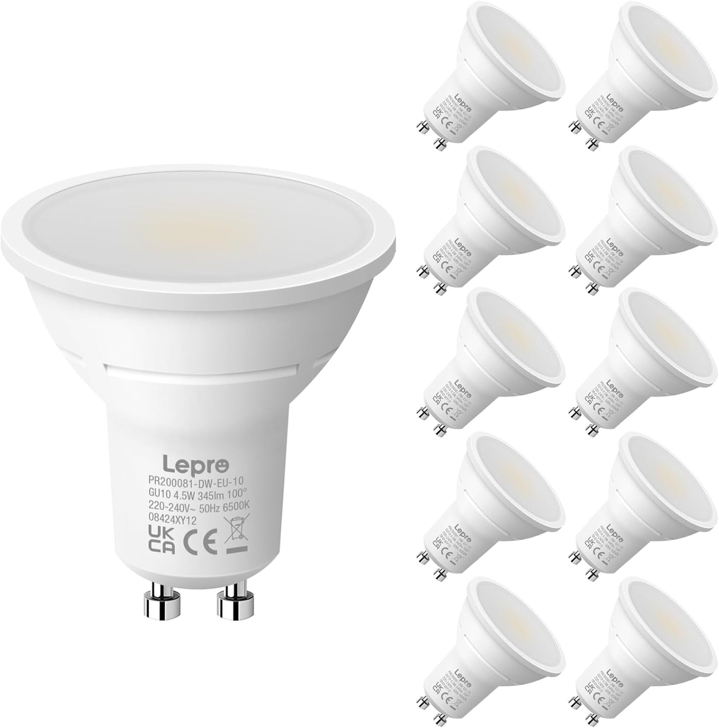 Lepro GU10 LED Bulbs, Cool White 6500K, 4.5W 345lm Daylight Led Bulbs, No Flickering, 50W Halogen Bulb Equivalent, Non-dimmable Energy Saving Light Bulbs, 100° Wide Beam, 10 Packs