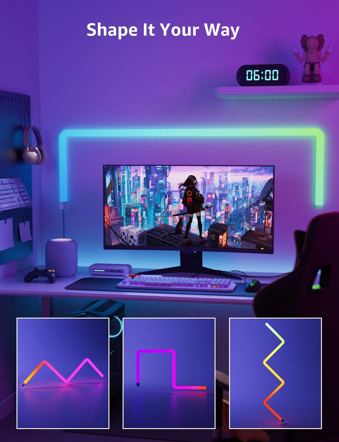 Lepro WL1 AI Smart Wall Light, Music Sync LED Light Bar, Voice Control, Segmented DIY, AI Lighting Design Assistant, for Home Decor, Gaming Setup, Work with Alexa,Google Assistant,8 Pcs with 4 Corners