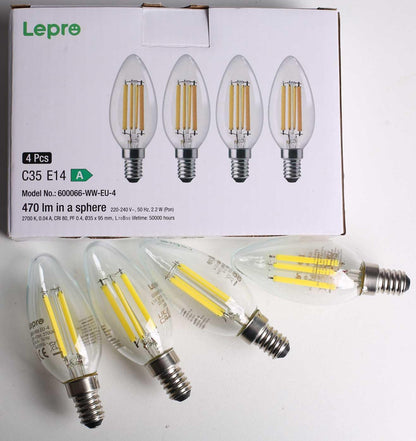 Lepro E14 LED Candle Bulb, Ultra Efficient A-Rated, 2.2W = 40W, 470lm, Warm White 2700K, 50000H Lifespan, SES Small Edison Screw, Clear Glass Vintage Filament Bulb, Pack of 4
