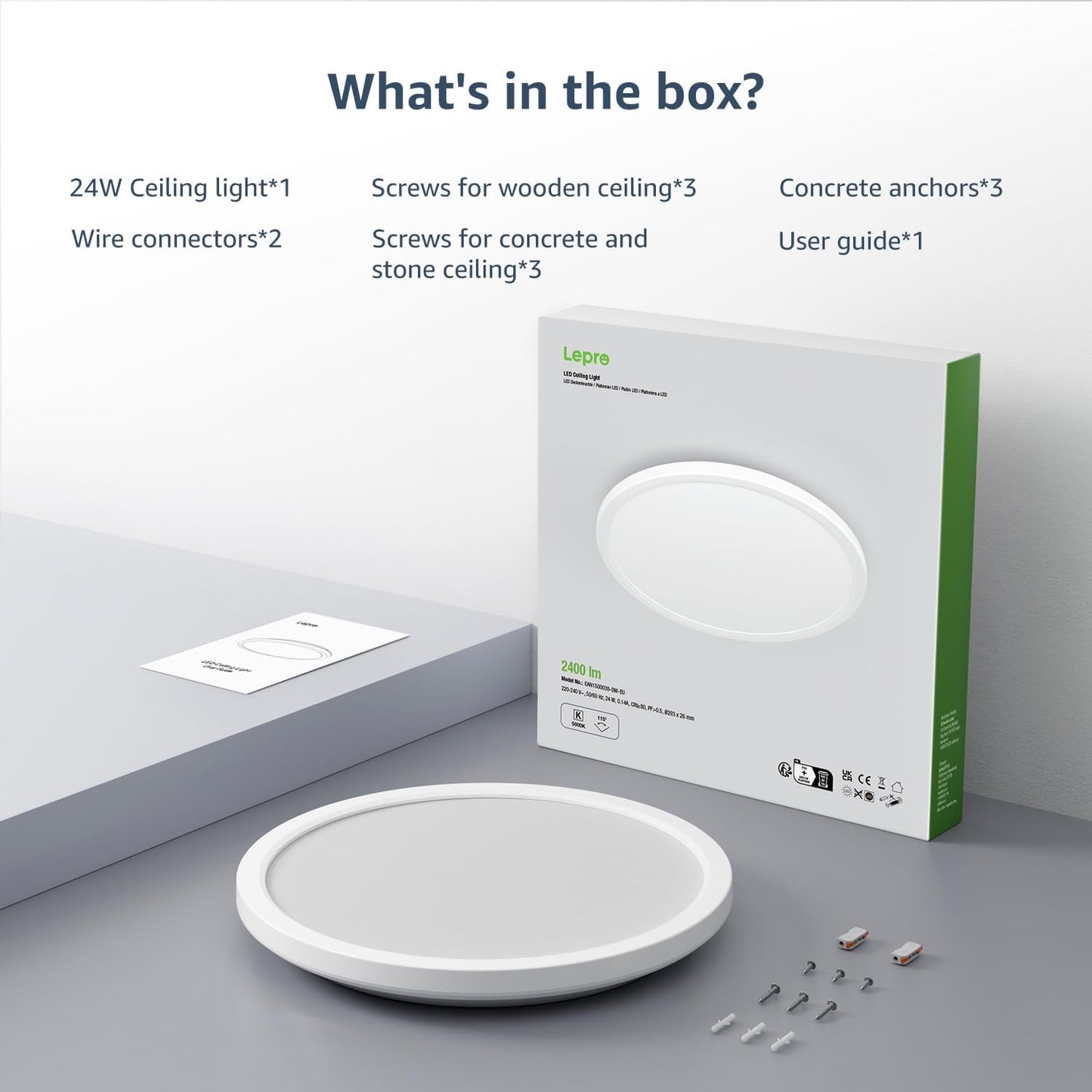 Lepro 24W LED Ceiling Light, 2400lm Super Bright Waterproof Bathroom Light, 2.6cm Ultra-Thin, Daylight White 5000K, Round Large Flush Ceiling Light for Living Room, Bedroom, Kitchen and More, Ø29.3cm