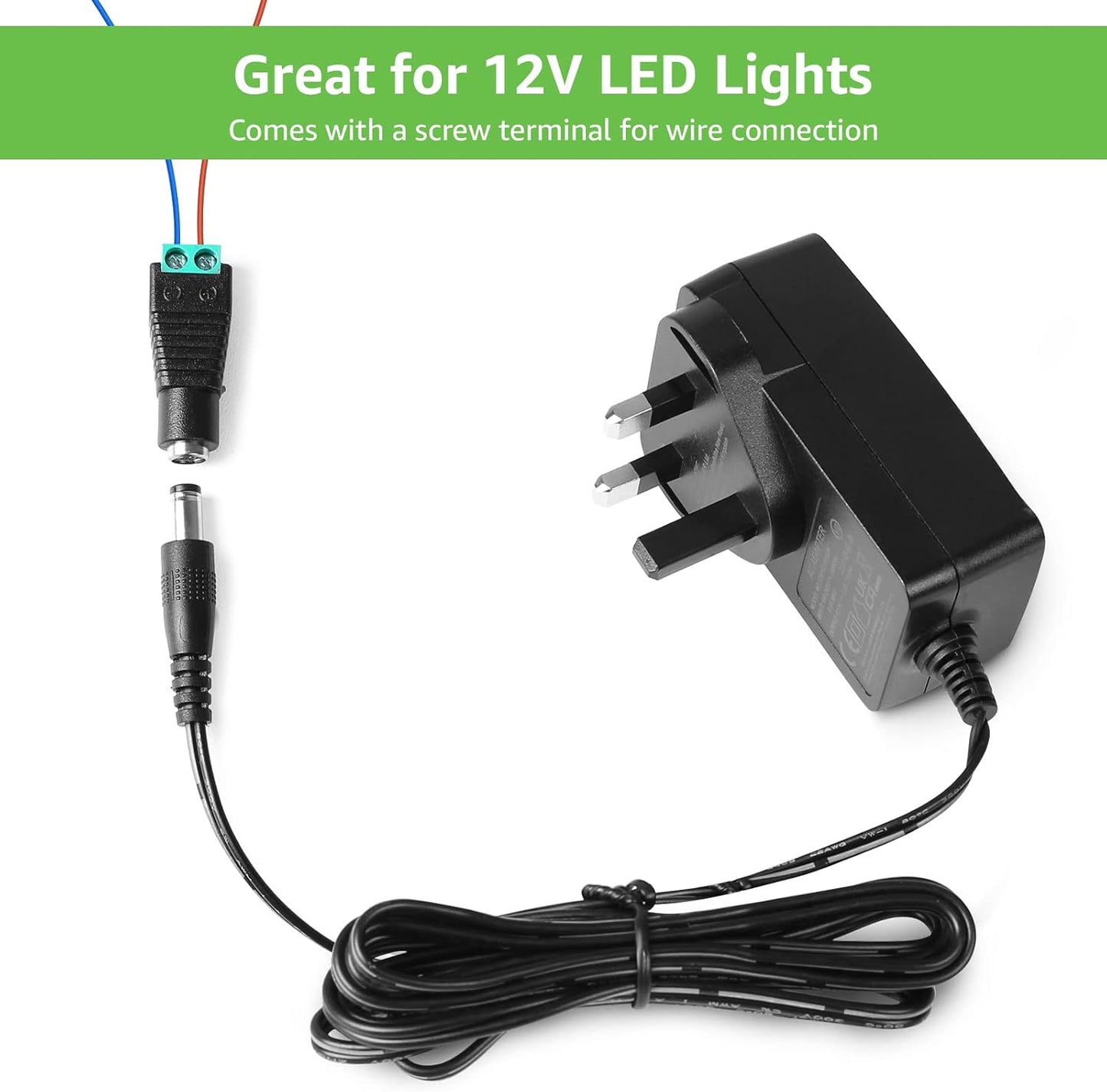 LE 12V 2A Power Supply for LED Strip Lights, AC 100-240V Mains to DC 12V Converter Adapter Driver Transformer, 24W UK Plug with 1.5M Cable, 5.5mm x 2.1mm Jack, GS TUV Approved