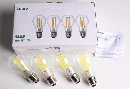 Lepro E27 Vintage Light Bulbs, Ultra Efficient A-Rated GLS Bulb, 3.8W = 60W, 806lm, 2700K Warm White, 50000H Lifespan, Clear Filament, Glass, Non-dimmable, Pack of 4