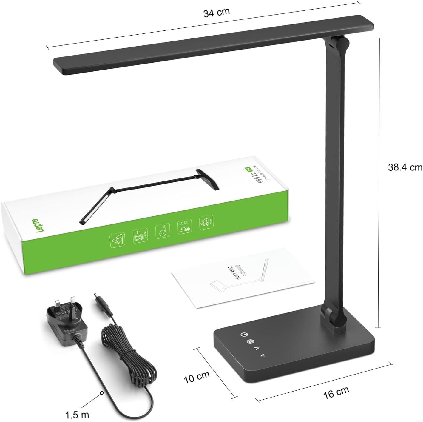 Lepro LED Desk Lamp, Desk Lamp with Power Adapter, 655lm, Desk Lamps Office with USB Charging Port, 5 Brightness Levels x 3 Colour Mode, Touch Control Daylight Lamp for Office, Nails, Study, Bedroom
