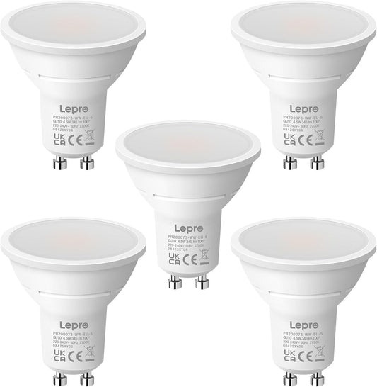 Lepro GU10 LED Bulbs Warm White, 4W 345lm 2700K, Energy Saving GU10 LED Light Bulbs, 50W Halogen Spotlight Equivalent, 100° Beam Angle, Non Dimmable, Pack of 5