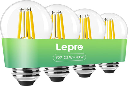Lepro E27 Golf Ball Bulb, Ultra Efficient A-Rated, 2.2W = 40W, 470lm, Warm White 2700K, 50000H Lifespan, Edison Screw in Light Bulb, Clear Glass Vintage Filament Bulb, Pack of 4