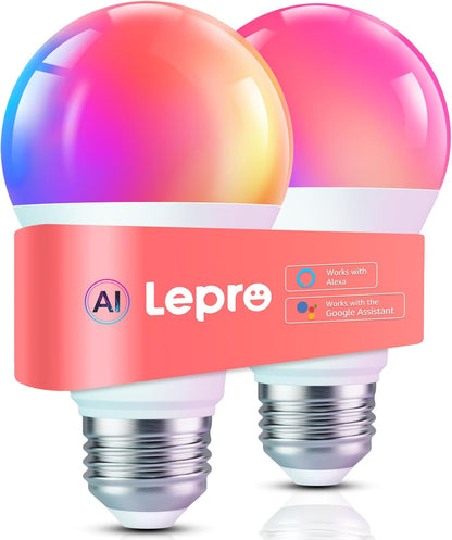 Lepro B1 AI Smart Bulb E27, Music Sync Bluetooth & WiFi Bulb, Voice Control Screw Light Bulbs, AI Lighting Design Assistant, RGBCCT Colour Changing Bulb, Work with Alexa & Google Assistant, 2 Packs
