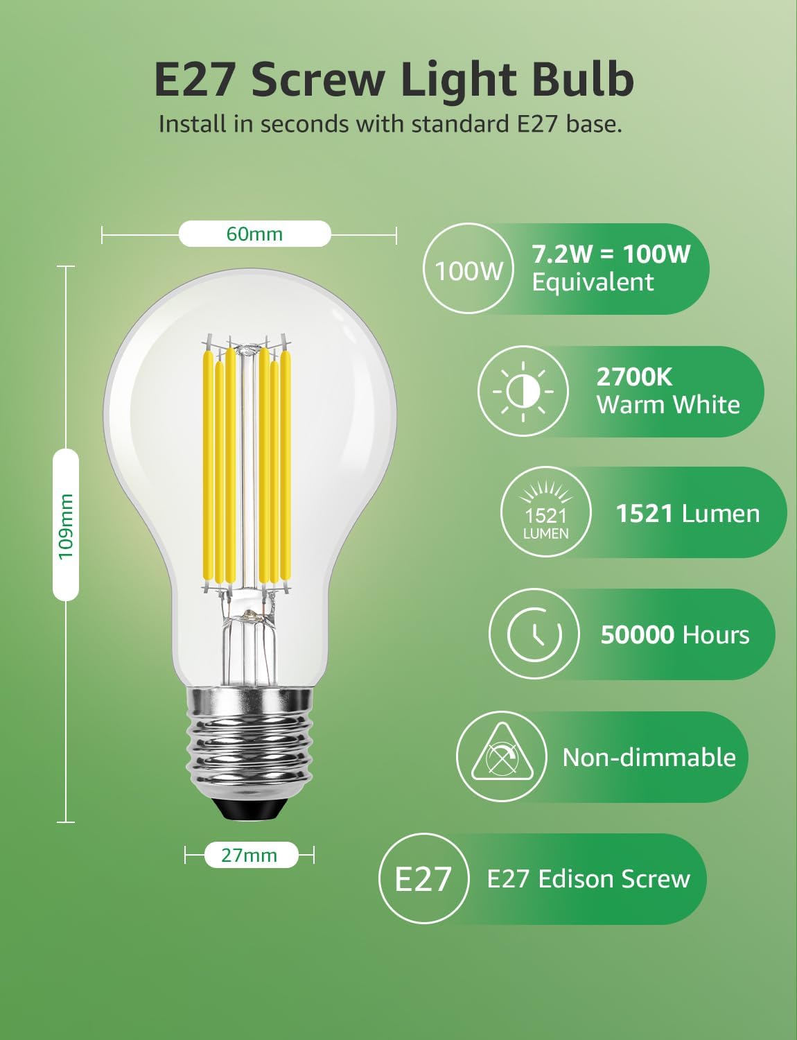 Lepro E27 Screw Bulb Vintage, Ultra Efficient A-Rated GLS Bulb, 7.2W = 100W, 1521lm, 2700K Warm White, 50000H Lifespan, Clear Filament, Glass, Non-dimmable, Pack of 2