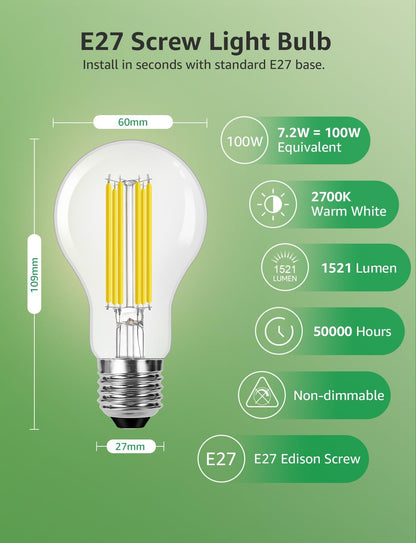 Lepro E27 Screw Bulb Vintage, Ultra Efficient A-Rated GLS Bulb, 7.2W = 100W, 1521lm, 2700K Warm White, 50000H Lifespan, Clear Filament, Glass, Non-dimmable, Pack of 2