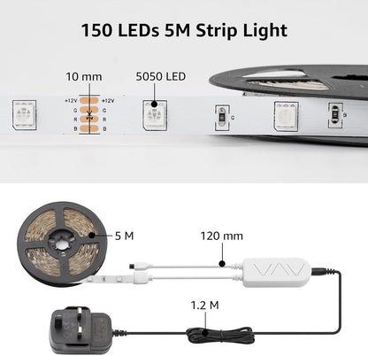 Lepro Alexa Smart LED Strip Light 5M, WiFi RGB LED Lights for Bedroom, Smart Life App Control, Works with Alexa & Google Assistant, Colour Changing Strip Lights for Kitchen Party Christmas
