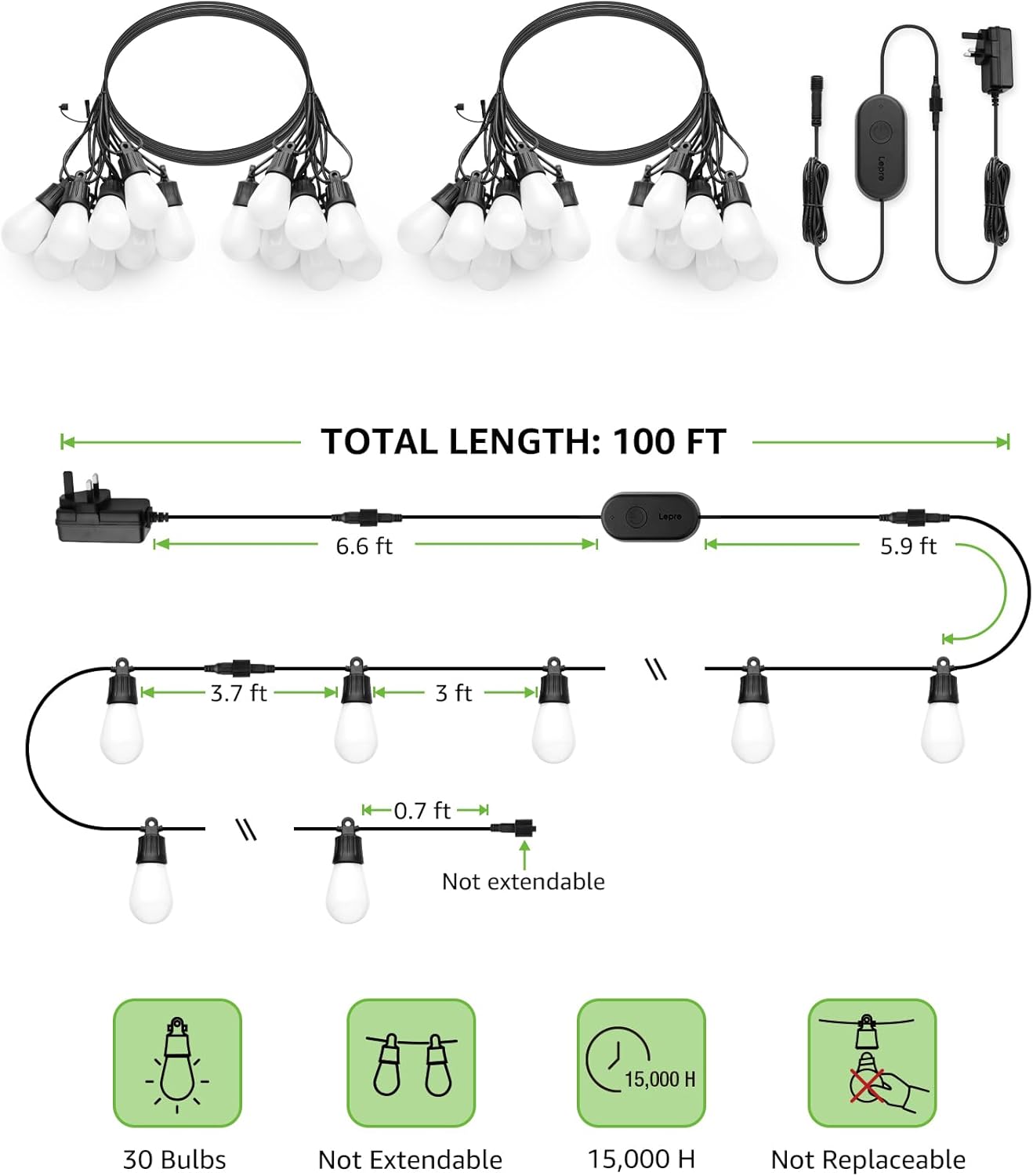 Lepro ZB1 AI Outdoor String Lights 30m, Smart Outdoor Lights Waterproof IP65, Dimmable Warm White Garden String Lights, AI Lighting Design Assistant, Works with Alexa, Bluetooth & 2.4G WiFi, No Remote