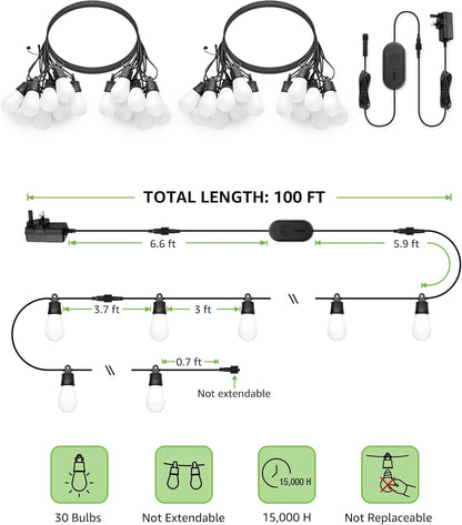 Lepro ZB1 AI Outdoor String Lights 30m, Smart Outdoor Lights Waterproof IP65, Dimmable Warm White Garden String Lights, AI Lighting Design Assistant, Works with Alexa, Bluetooth & 2.4G WiFi, No Remote