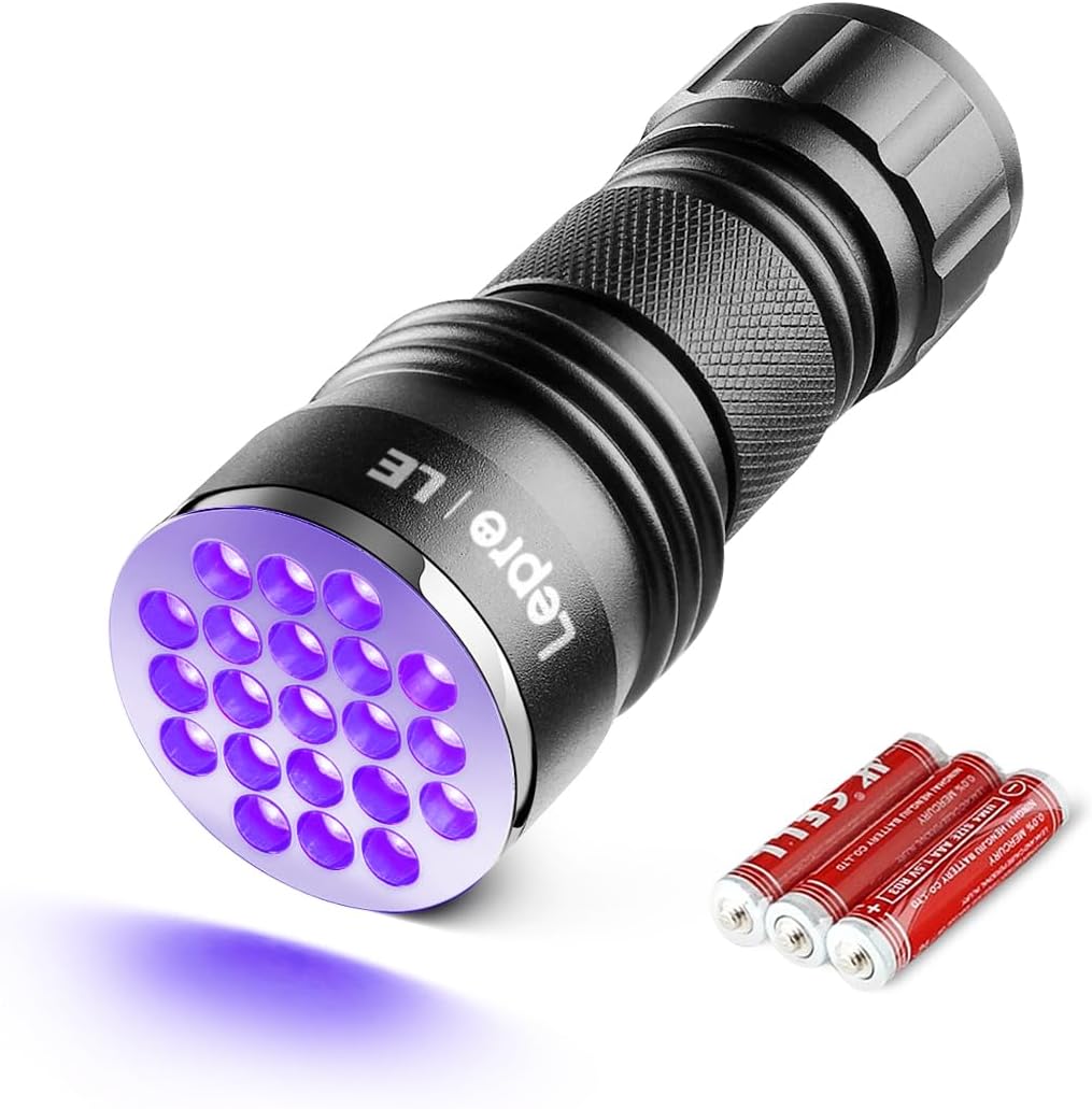 Lepro UV Light, 21 LED 395nm UV Torch, Black Light Detector for Pets Urine, Stain, Bed Bugs on Carpet or Floor, Fake Banknote and More, 3 AAA Batteries Included