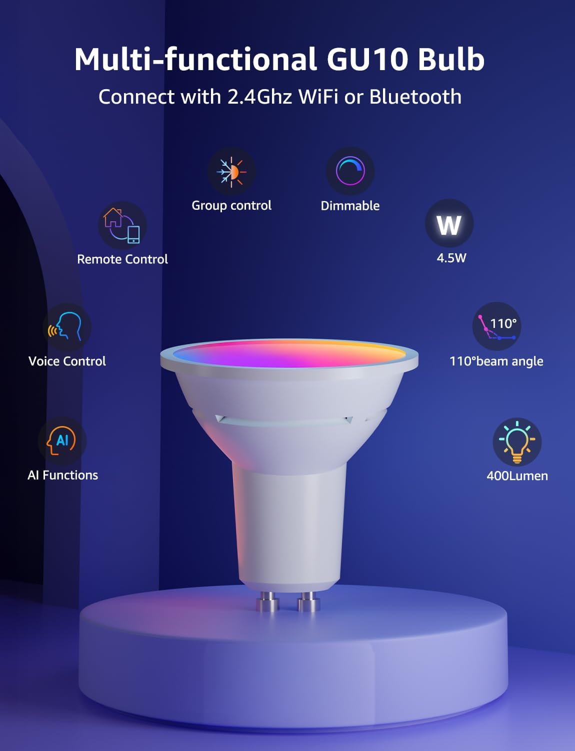 Lepro BG1 AI Smart Bulb GU10, Music Sync, Voice Control WiFi Bulbs, 400LM RGBCCT Dimmable Colour Changing LED Bulbs, Works with Alexa & Google Assistant, AI Lighting Design Assistant, 1 Pack