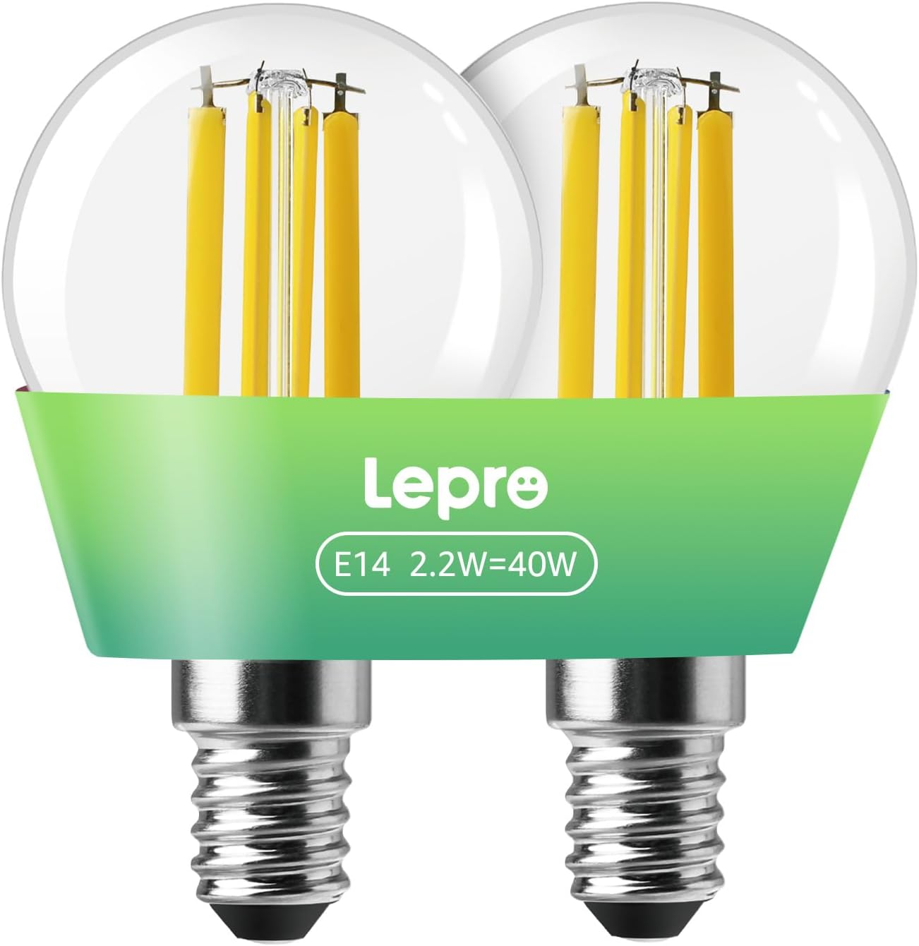 Lepro E14 Golf Ball Bulb Vintage, Ultra Efficient A-Rated, 2.2W = 40W, 470lm, Warm White 2700K, 50000H Lifespan, Small Edison Screw SES Bulb, Clear Filament, Glass, Pack of 2