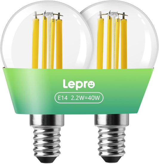 Lepro E14 Golf Ball Bulb Vintage, Ultra Efficient A-Rated, 2.2W = 40W, 470lm, Warm White 2700K, 50000H Lifespan, Small Edison Screw SES Bulb, Clear Filament, Glass, Pack of 2