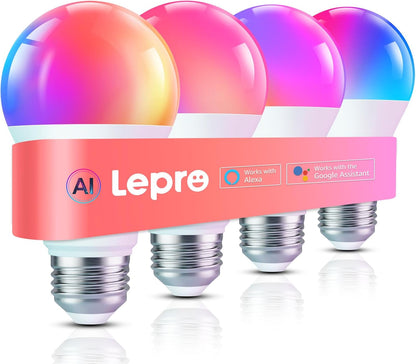 Lepro B1 AI Smart Bulb E27, Music Sync Smart Screw Bulb, Voice Control Bluetooth & WiFi Bulb, AI Lighting Design Assistant, Colour Changing Light Bulbs, Work with Alexa & Google Assistant, 4 Packs