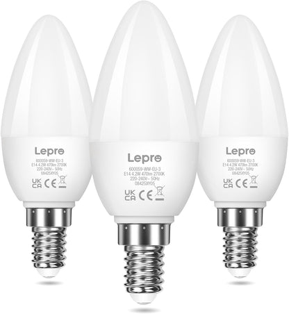 Lepro E14 LED Light Bulb, Small Edison Screw SES Candle Bulbs, 4.9W 470lm, 40W Equivalent E14 Bulb, Warm White 2700K E14 LED Bulb, Energy Saving Candle Light Bulbs, Non-dimmable, Pack of 3