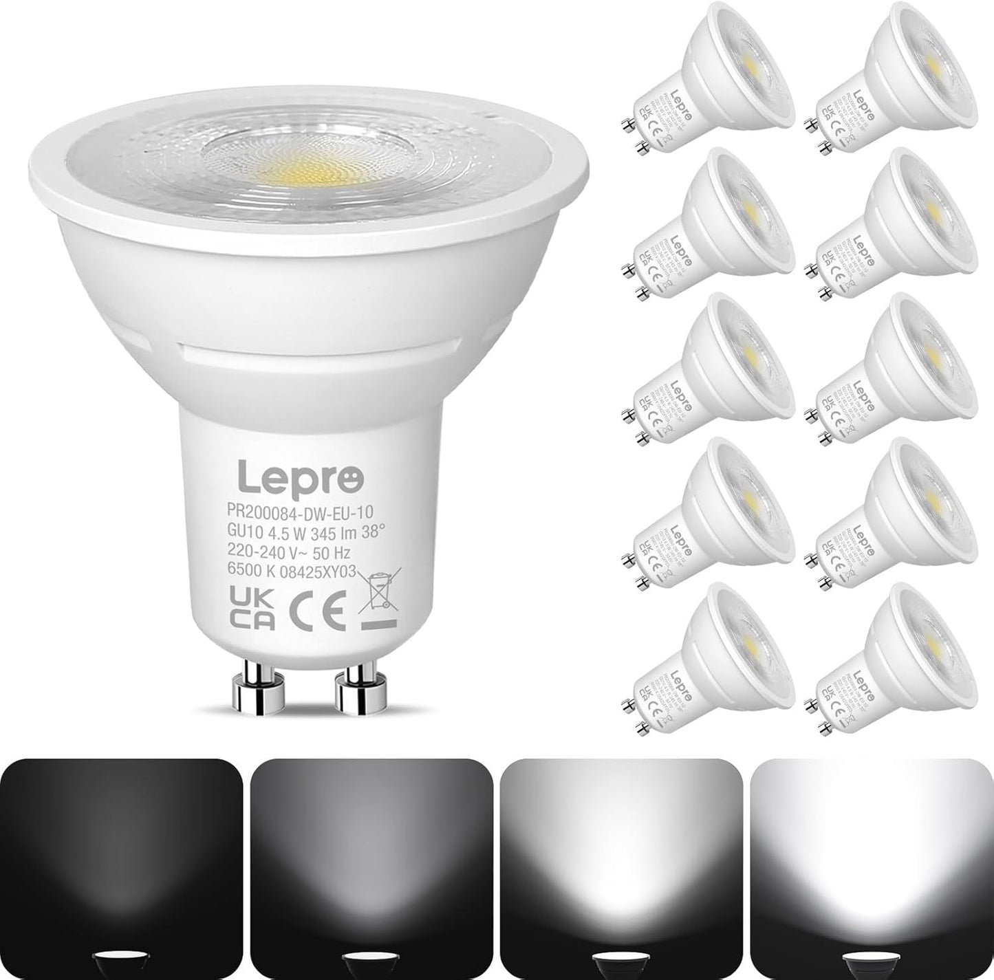 Lepro GU10 LED Bulbs Dimmable, Cool White 6500K, 4.5W 345lm, 50W Halogen Spotlight Bulb Equivalent, 38° Narrow Beam, Daylight White, Energy Saving GU10 LED Light Bulbs, Pack of 10