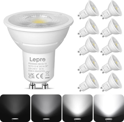 Lepro GU10 LED Bulbs Dimmable, Cool White 6500K, 4.5W 345lm, 50W Halogen Spotlight Bulb Equivalent, 38° Narrow Beam, Daylight White, Energy Saving GU10 LED Light Bulbs, Pack of 10